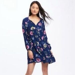 Old Navy Women's Floral Navy Long Sleeve Boho Tunic Dress Size XS